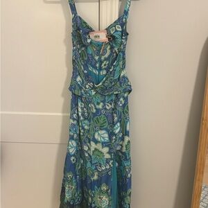 Alexis silk dress, brand new/never worn. Floral Blue and Green with side slit